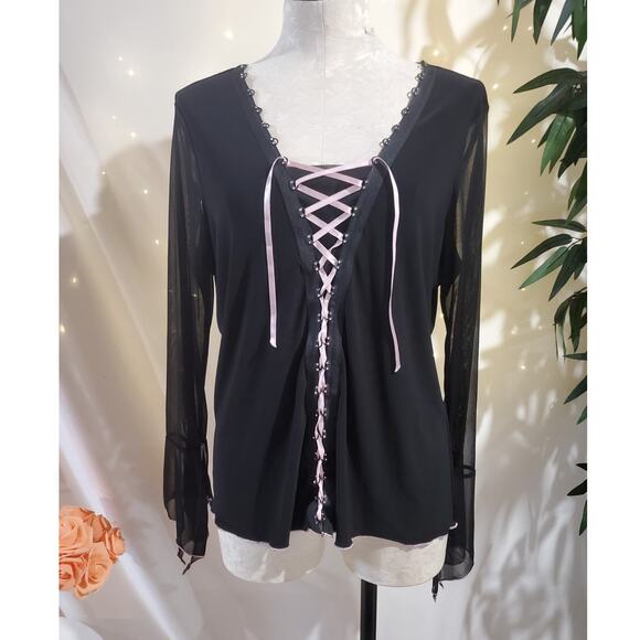 Vtg ENT Entrancy Corset Lace Up Sheer Top Plus Size 2X Coquette Whimsigoth Y2K - Picture 1 of 10